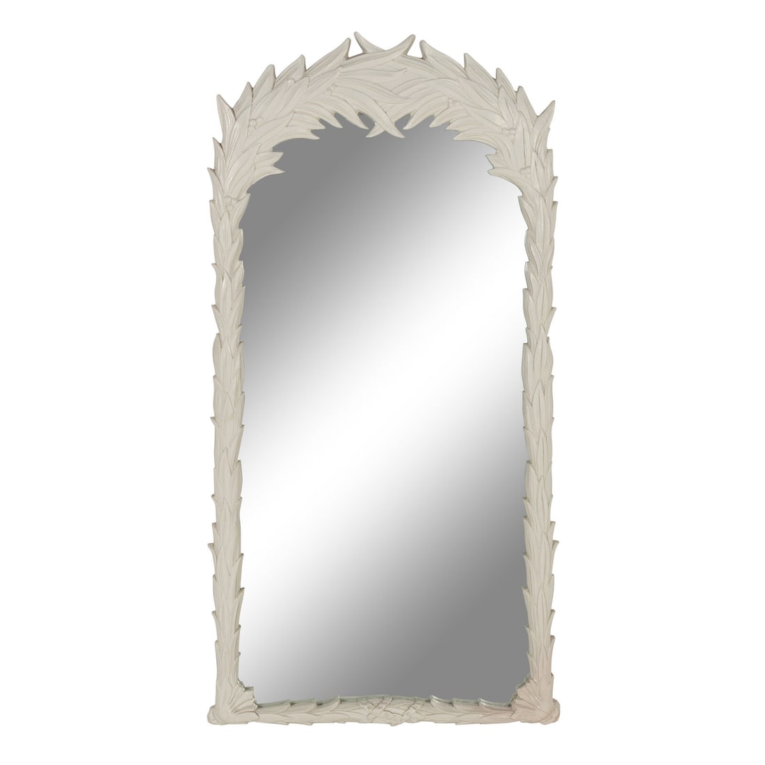 A White-Painted Leaf Motif Mirror: A White-Painted Leaf Motif Mirror Style of Serge Roche, 20th Century Height 63 x width 32 inches. Property from Strawberry Hill: The Collection of Ada and Barrie Regan, Hillsborough, California This