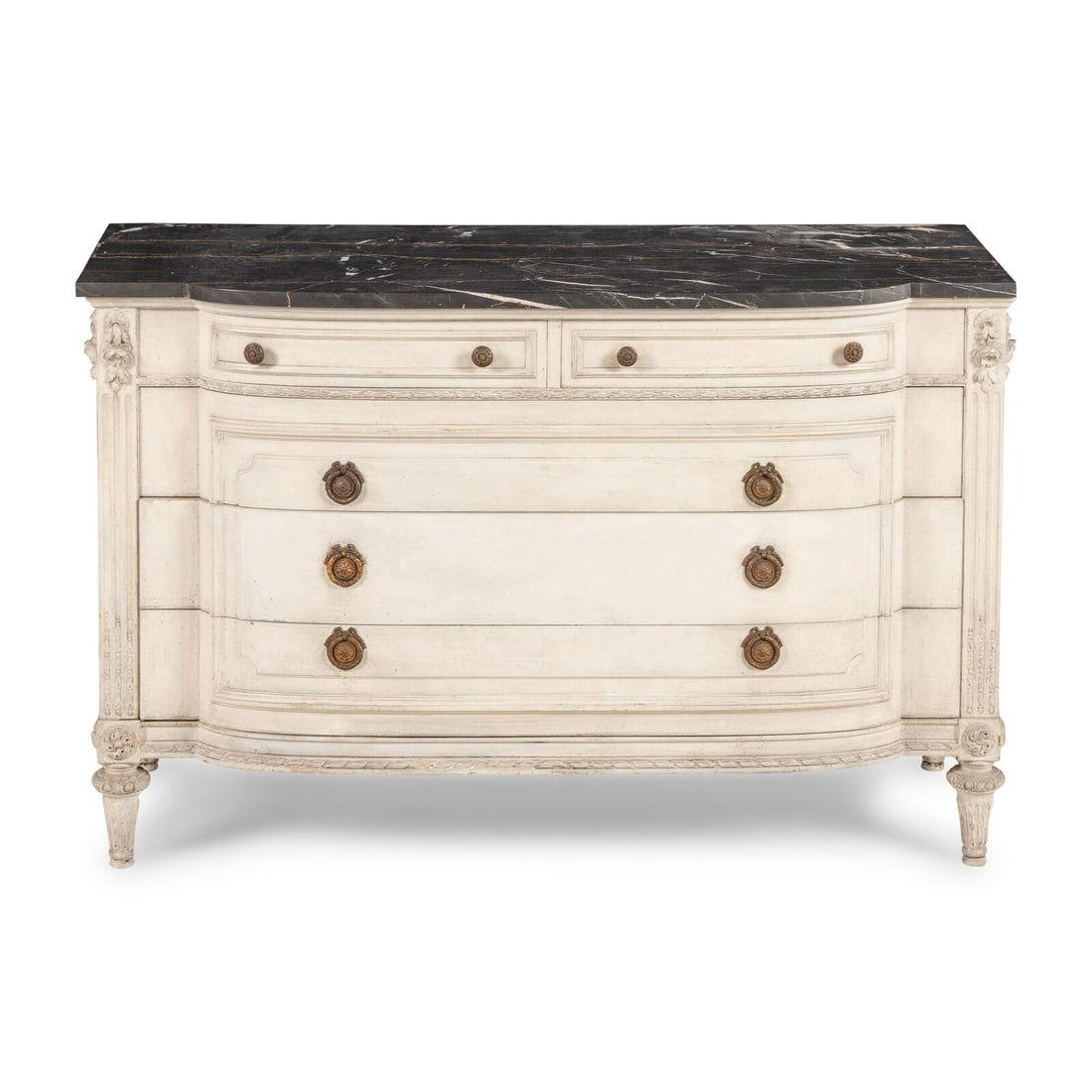 A Louis XVI Style White-Painted Marble-Top Commode: A Louis XVI Style White-Painted Marble-Top Commode 20th Century Height 35 1/4 x width 54 1/4 x depth 24 5/8 inches. Property from Strawberry Hill: The Collection of Ada and Barrie Regan,