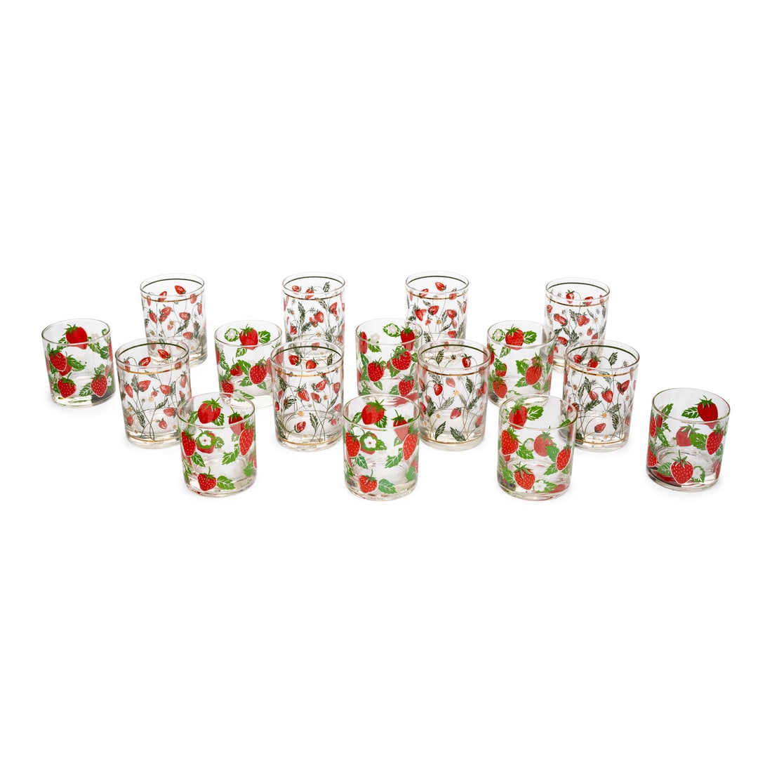 A Collection of Strawberry Decorated Glassware: A Collection of Strawberry Decorated Glassware Late 20th Century comprising two sets of eight glasses; 16 items total. Height of taller 4 1/4 inches. Property from Strawberry Hill: The Collection of