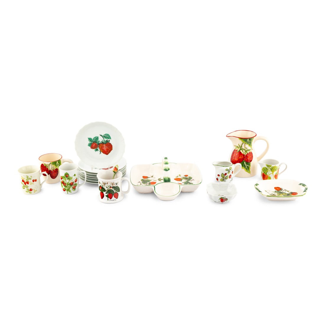 A Collection of Strawberry-Themed Tableware: A Collection of Strawberry-Themed Tableware 20th Century in varying patterns, comprising: 14 dessert plates 8 coffee cups 1 pitcher 3 creamers 3 sugars 1 serving bowl 1 lidded jar 1 chip and dip