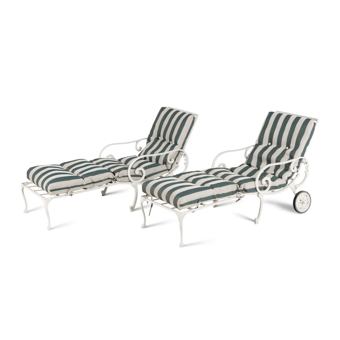 A Pair of White-Painted Metal Outdoor Chaise Longues: A Pair of White-Painted Metal Outdoor Chaise Longues Height (fully upright) 35 x width 28 1/2 x 60 inches; height (fully reclined) 20 1/4 x width 28 1/2 x depth 72 inches. Property from Strawberry