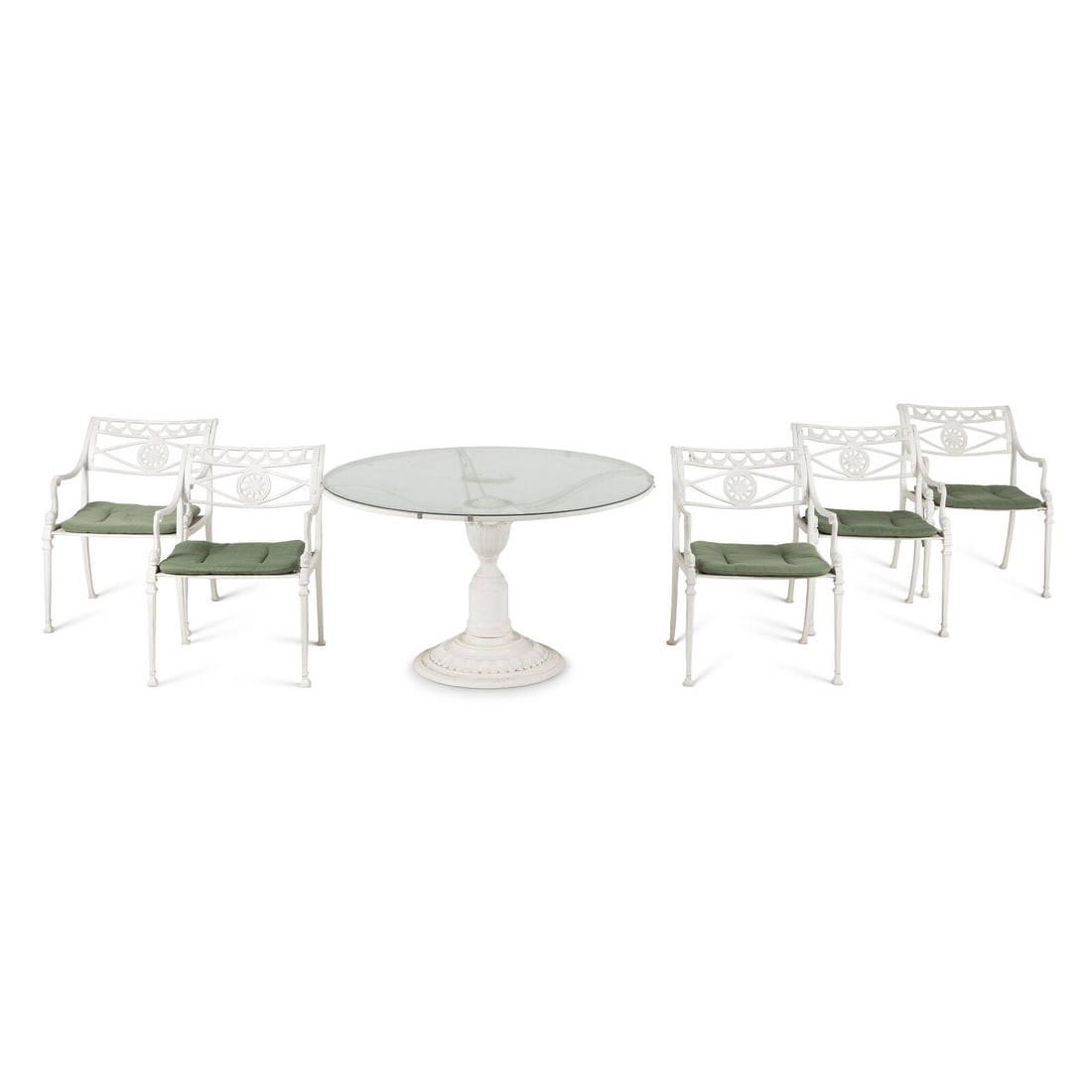 A White-Painted Cast Iron Outdoor Dining Suite: A White-Painted Cast Iron Outdoor Dining Suite 20th Century comprising five armchairs and one glass-top table. Height of chairs 30 1/2 x width 22 1/4 x depth 23 inches; height of table 28 x diameter