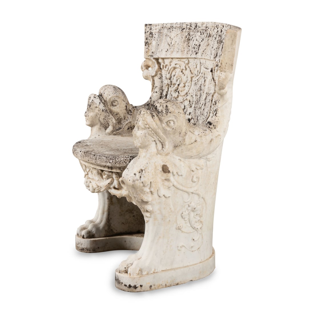 A Neoclassical Marble Throne Chair: A Neoclassical Marble Throne Chair Late 19th/Early 20th Century Height 32 x width 29 x depth 21 inches. Property from Strawberry Hill: The Collection of Ada and Barrie Regan, Hillsborough, California