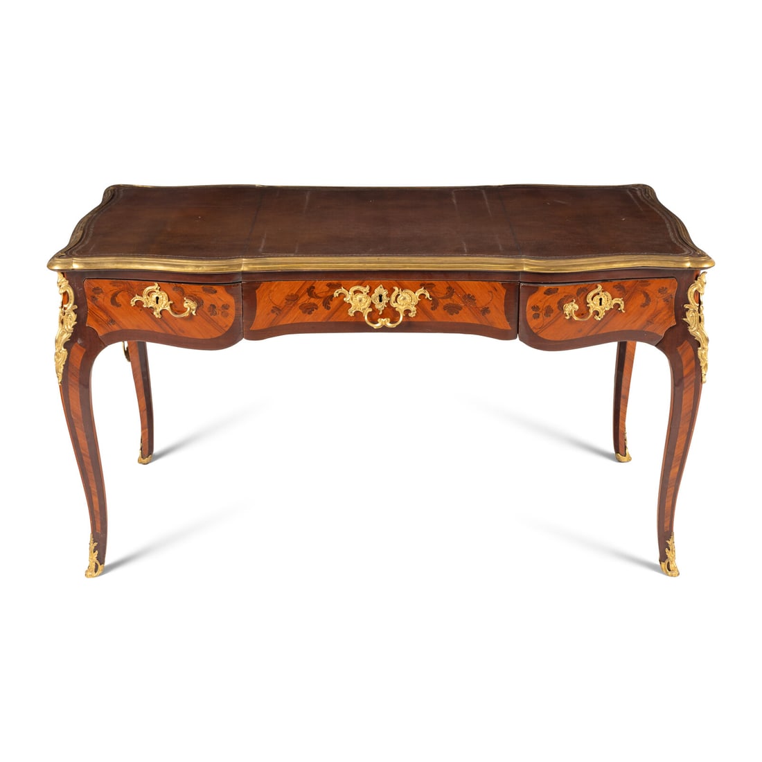 A Louis XV Gilt Bronze Mounted Tulipwood, Amaranth and Bois De Bout Marquetry Bureau Plat: A Louis XV Gilt Bronze Mounted Tulipwood, Amaranth and Bois De Bout Marquetry Bureau Plat In the Manner of Bernard II Van Risenburgh, Mid-18th Century spuriously stamped 'BVRB' to underside. Height