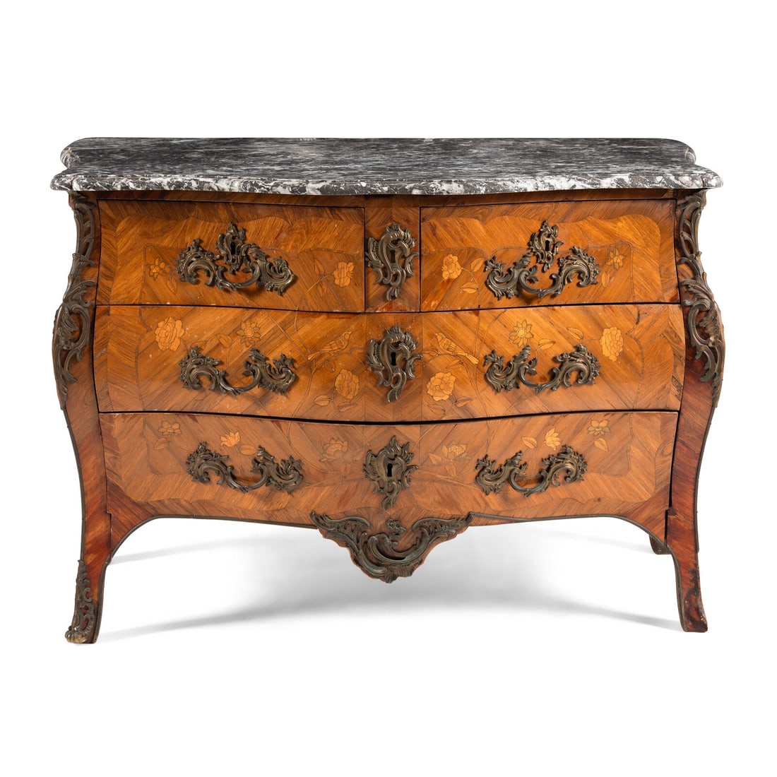 A Louis XV Gilt Bronze Mounted Marquetry, Tulipwood, and Fruitwood Marble-Top Commode: A Louis XV Gilt Bronze Mounted Marquetry, Tulipwood, and Fruitwood Marble-Top Commode 18th Century and Later Height 36 x width 51 1/4 x depth 26 1/2 inches. Property of a California Collector This