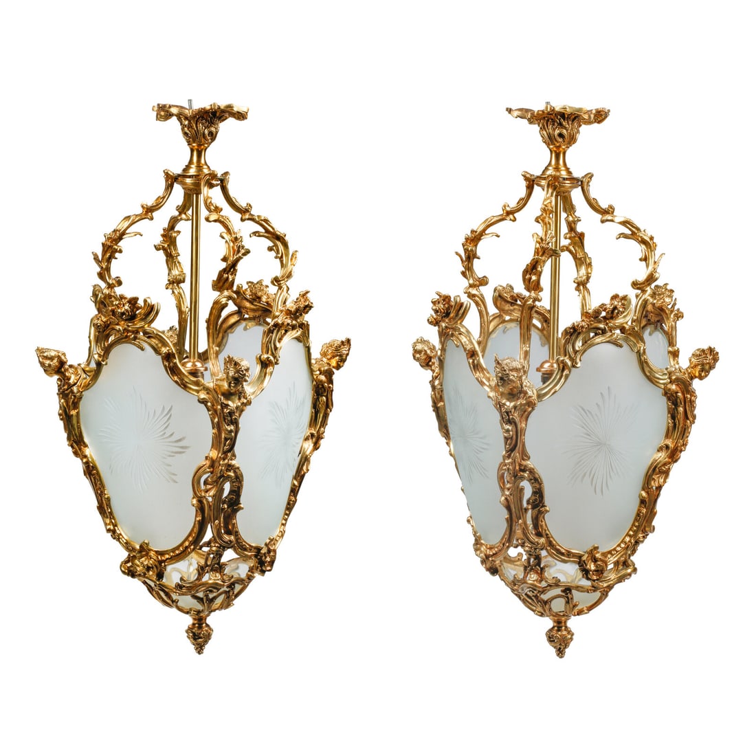 A Pair of Louis XV Style Gilt Bronze and Etched Glass Hall Lanterns (1 of 4)