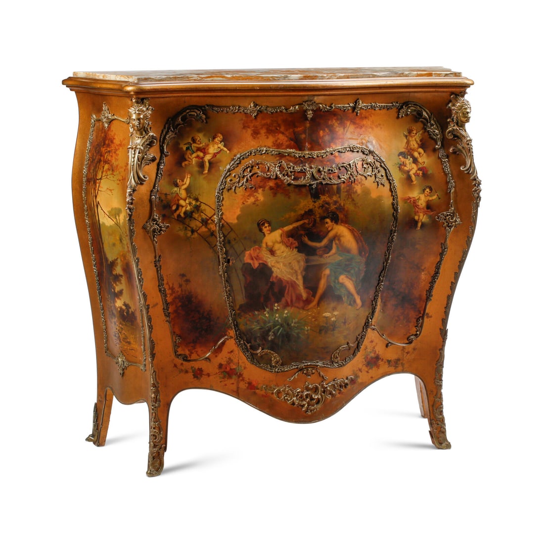A Louis XV Style Vernis Martin and Gilt Bronze Mounted Cabinet: A Louis XV Style Vernis Martin and Gilt Bronze Mounted Cabinet 20th Century Height 45 1/2 x width 50 x depth 19 1/2 inches. This lot is located in Chicago.