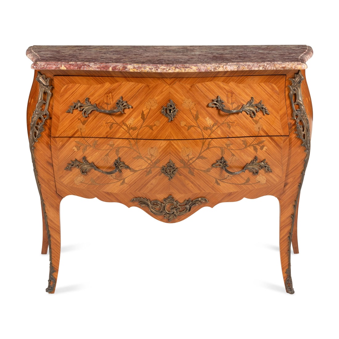 A Louis XV Style Gilt Bronze Mounted Tulipwood, Marquetry, and Spanish Brocatelle Marble-Top Commode (1 of 5)