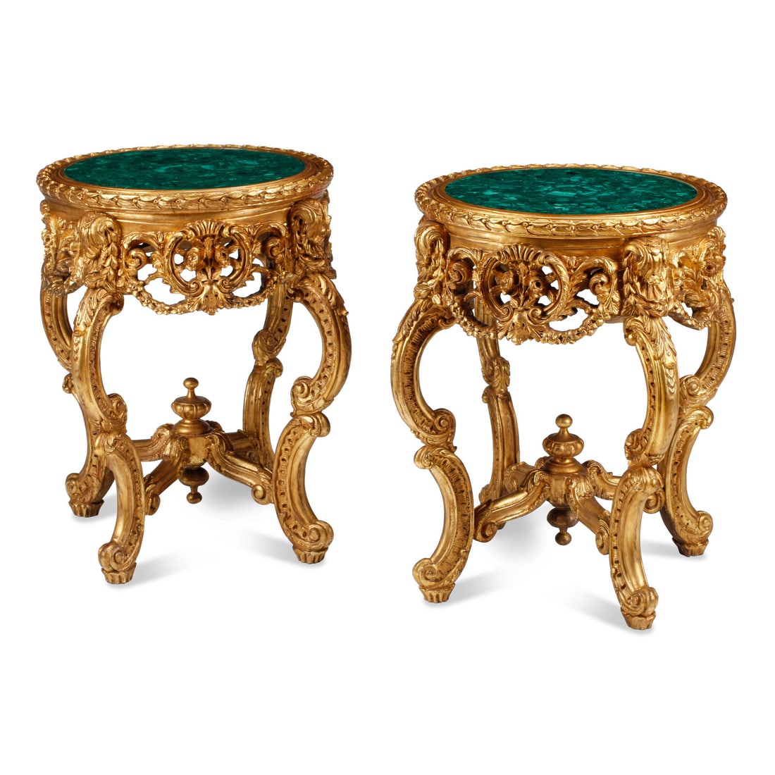 A Pair of Louis XV Style Giltwood and Malachite Side Tables: A Pair of Louis XV Style Giltwood and Malachite Side Tables 20th Century Height 28 x diameter of tops 22 inches. This lot is located in Chicago.