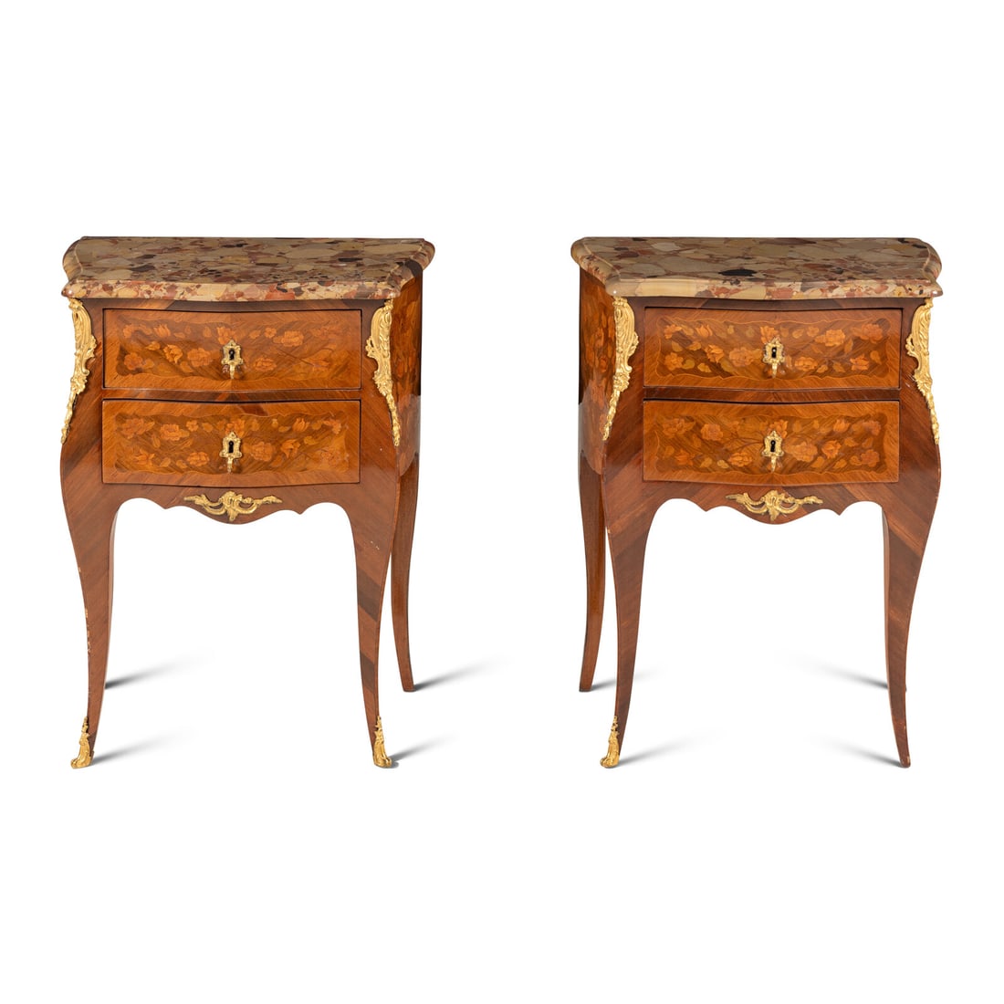 A Pair of Louis XV Style Gilt Bronze Mounted Satinwood, Marquetry and Breche díAlep Marble-Top: A Pair of Louis XV Style Gilt Bronze Mounted Satinwood, Marquetry and Breche díAlep Marble-Top Side Tables Late 19th Century Height 27 1/2 x width 21 x depth 12 3/4 inches. This lot is located
