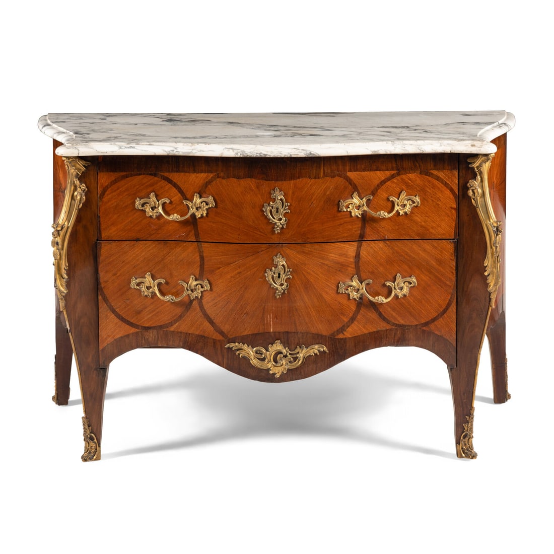 A Louis XV Style Gilt Bronze Mounted Mahogany and Parquetry Marble-Top BombÈ Commode: A Louis XV Style Gilt Bronze Mounted Mahogany and Parquetry Marble-Top BombÈ Commode Late 19th Century Height 34 3/4 x width 56 x depth 24 inches. Property of a California Collector This lot is