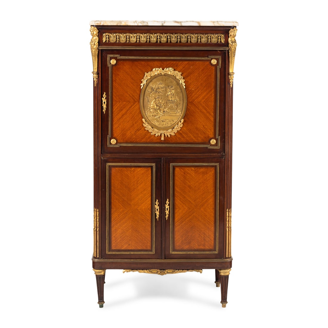 A Louis XV Style Gilt Bronze Mounted Mahogany and Tulipwood Marble-Top Cabinet (1 of 3)