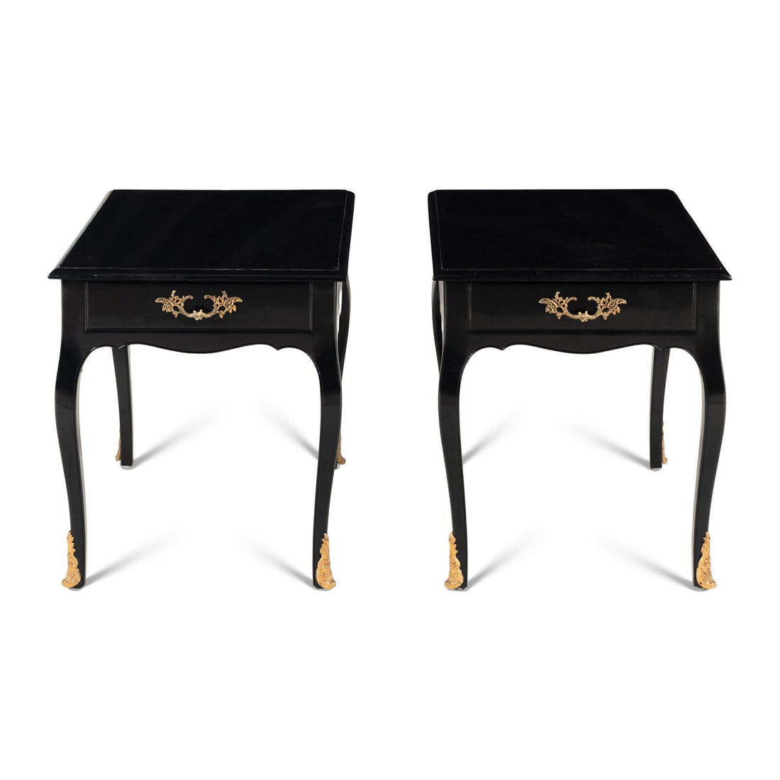 A Pair of Louis XV Style Black Painted and Gilt Bronze Mounted Side Tables: A Pair of Louis XV Style Black Painted and Gilt Bronze Mounted Side Tables 20th Century Height 24 1/2 x width 21 1/2 x depth 29 1/2 inches. Property from the Wetherill Family Collection, Main Line,