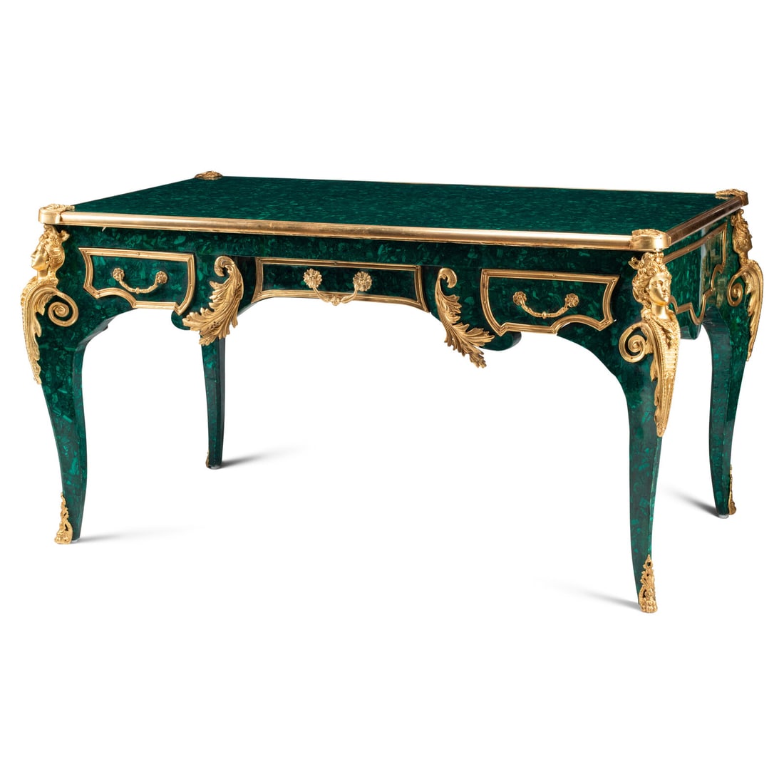 A Louis XV Style Gilt Bronze Mounted and Malachite Veneered Bureau Plat: A Louis XV Style Gilt Bronze Mounted and Malachite Veneered Bureau Plat 20th Century Height 32 x width 64 x depth 36 inches. This lot is located in Chicago.