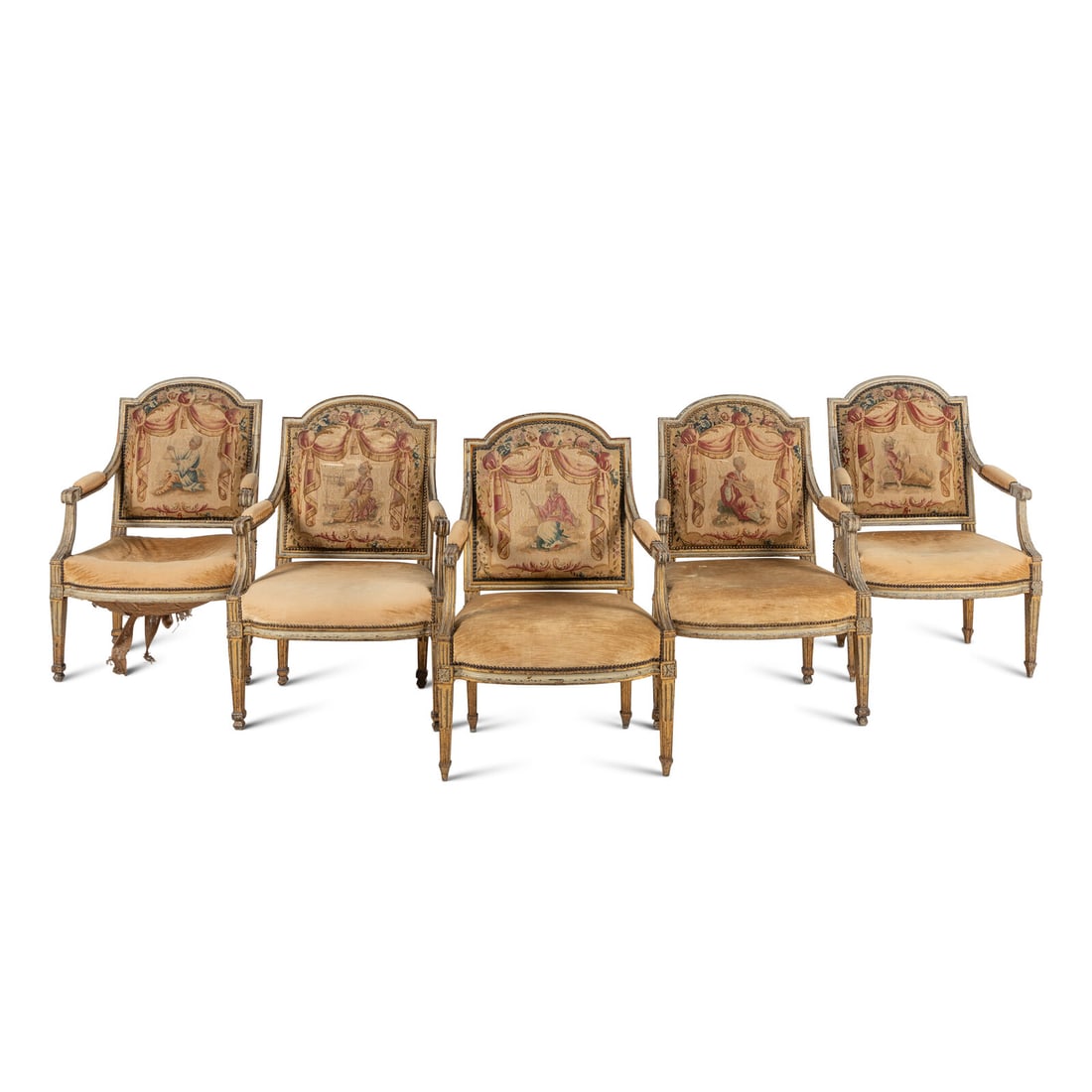 A Set of Five Louis XVI Tapestry Upholstered Fauteuils: A Set of Five Louis XVI Tapestry Upholstered Fauteuils Late 18th Century Height 37 x width 26 x depth 27 inches. This lot is located in Chicago.