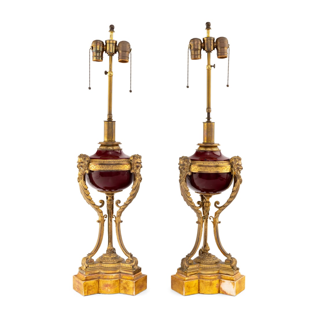 A Pair of Louis XVI Style Gilt Bronze Mounted Porcelain Urns: A Pair of Louis XVI Style Gilt Bronze Mounted Porcelain Urns Early 20th Century mounted as lamps. Height overall 32 inches. Property of a California Collector This lot is located in Chicago. Provenanc