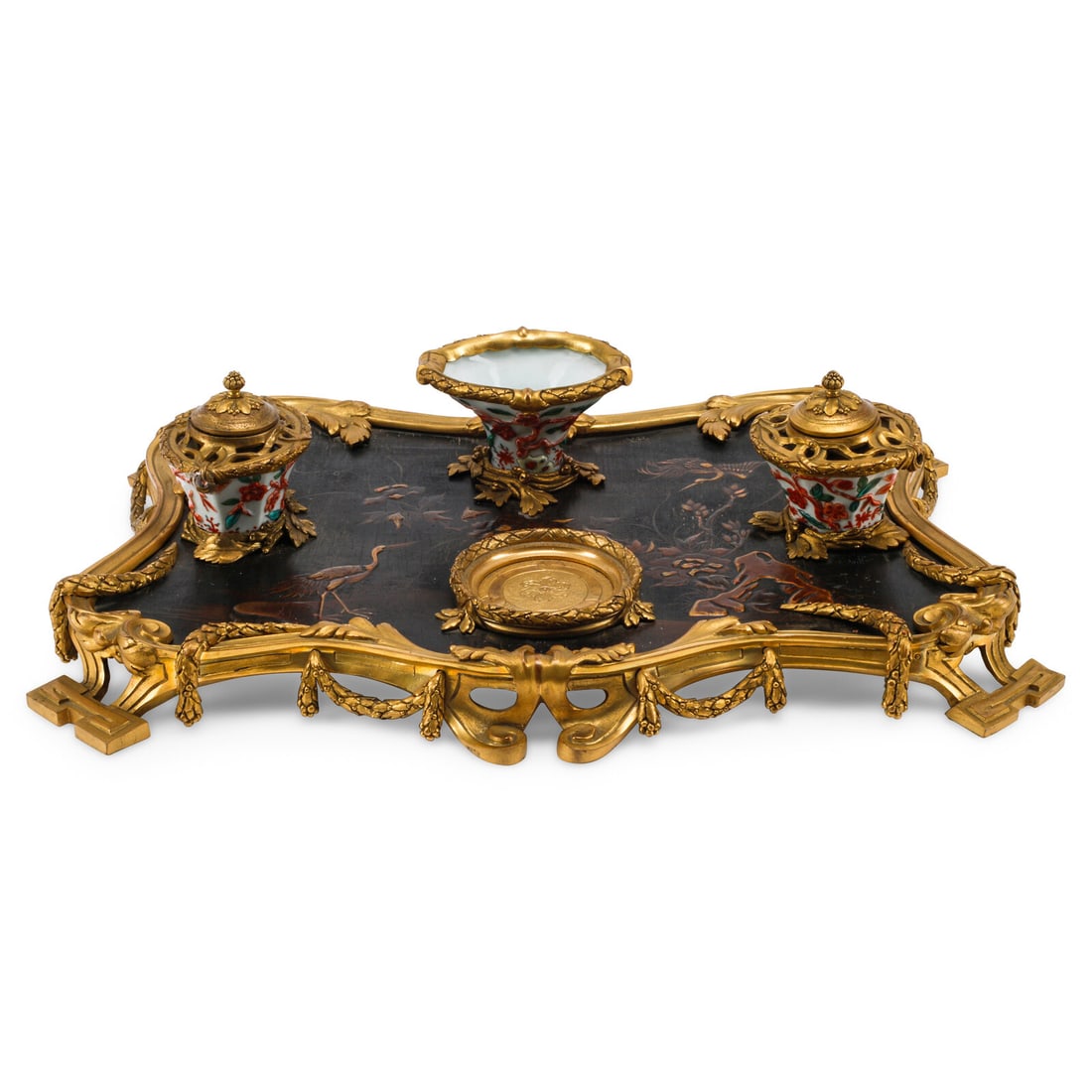 A French Gilt Bronze, Lacquer and Porcelain Standish: A French Gilt Bronze, Lacquer and Porcelain Standish 19th Century Width 18 x depth 13 inches. This lot is located in Chicago.