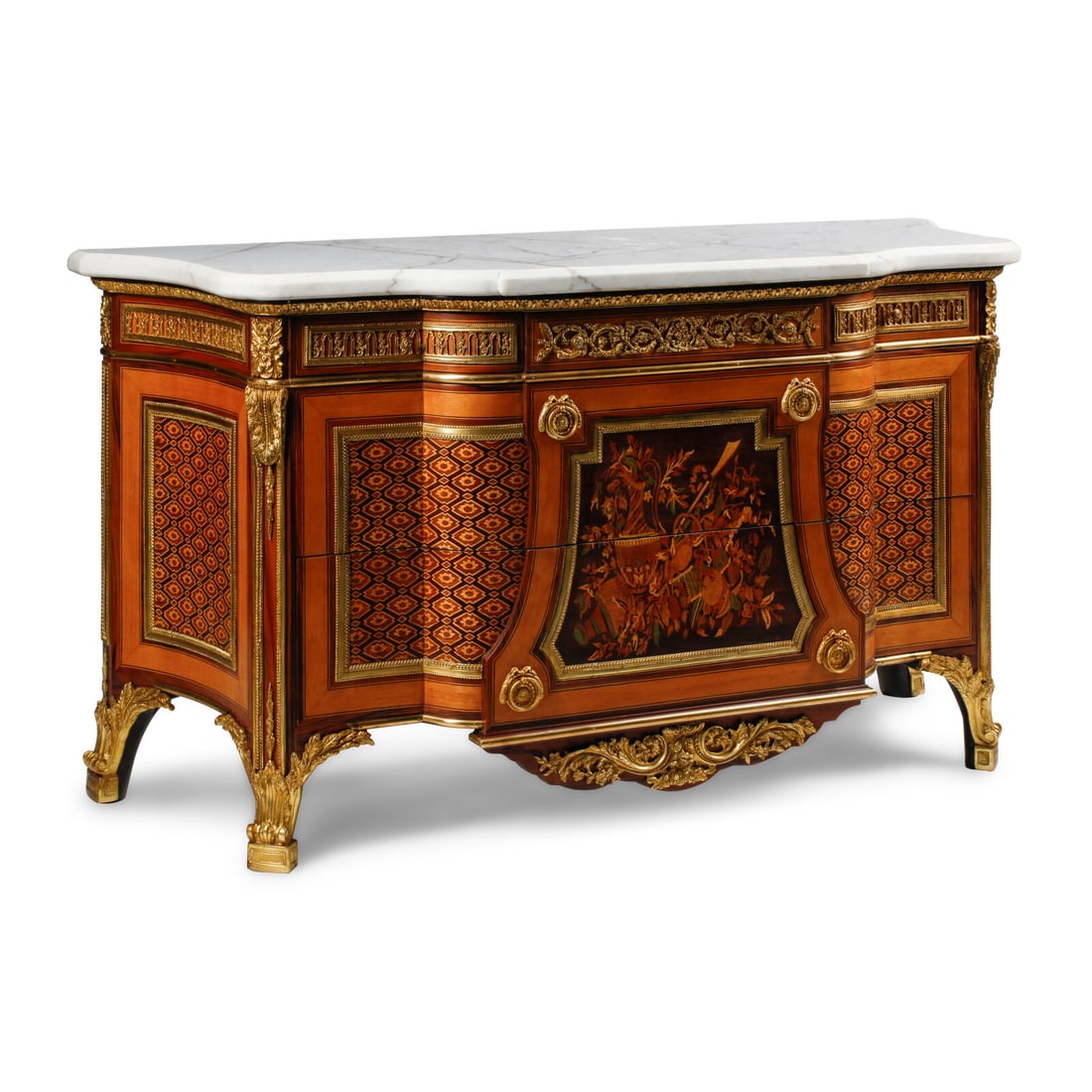 A Louis XVI Style Gilt Bronze Mounted Marquetry Marble-Top Commode (1 of 3)