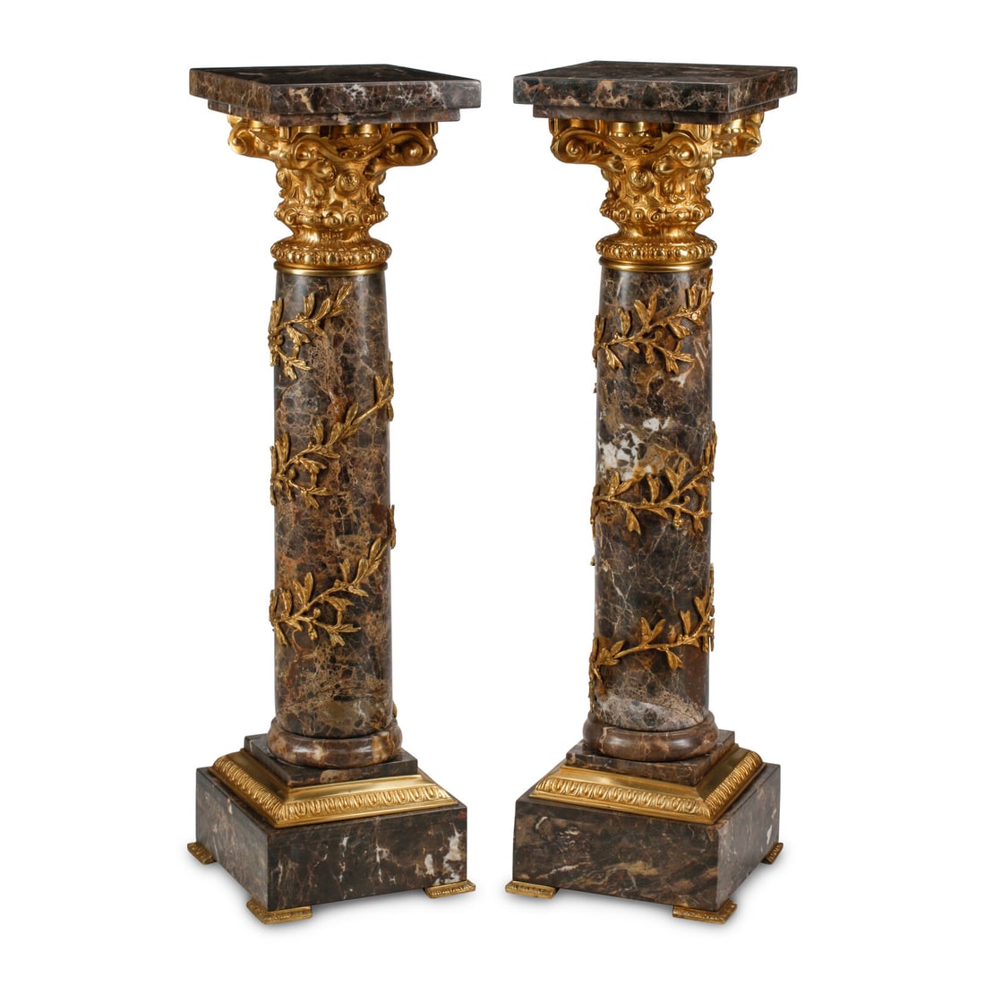 A Pair of Louis XVI Style Gilt Bronze Mounted Marble Pedestals: A Pair of Louis XVI Style Gilt Bronze Mounted Marble Pedestals 20th Century Height 45 x width 12 1/2 x depth 12 1/2 inches. This lot is located in Chicago.