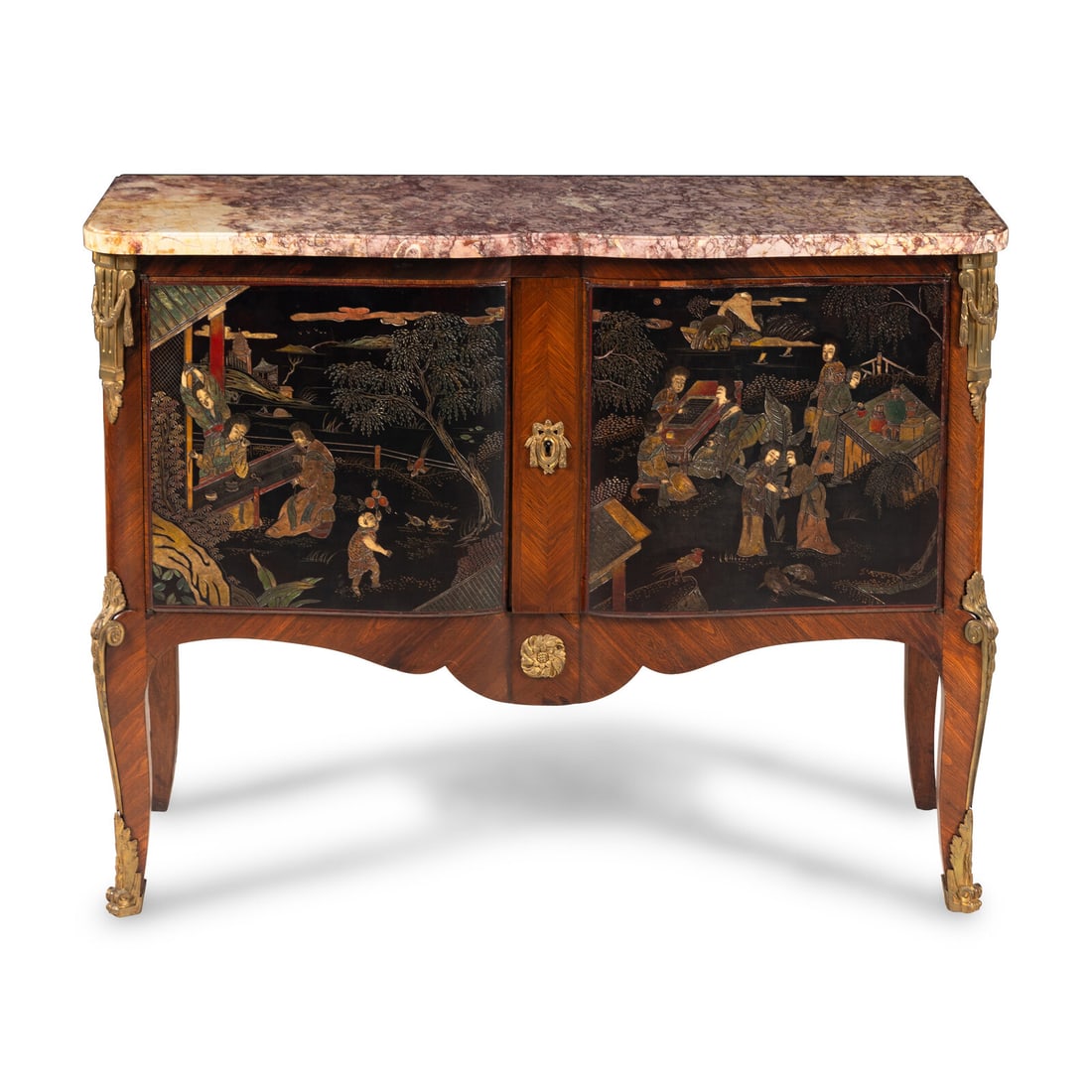 A Louis XVI Style Gilt Bronze Mounted Tulipwood and Chinese Lacquer Marble-Top Commode: A Louis XVI Style Gilt Bronze Mounted Tulipwood and Chinese Lacquer Marble-Top Commode Late 19th/Early 20th Century stamped 'Made in France' several times to the top of the case. Height 33 3/4 x width