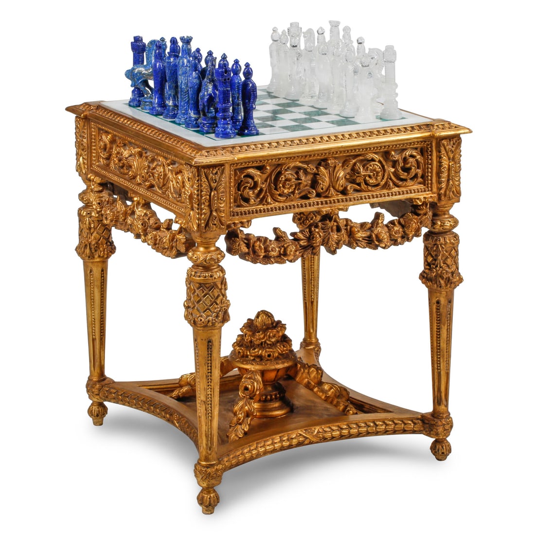 A Louis XVI Style Giltwood, Marble and Malachite Game Table with a Carved Rock Crystal and Lapis (1 of 2)