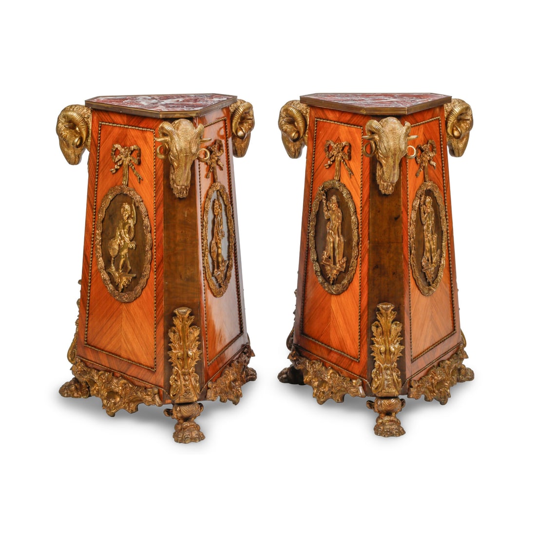 A Pair of French Gilt Bronze Mounted Kingwood and Marble-Top Pedestals: A Pair of French Gilt Bronze Mounted Kingwood and Marble-Top Pedestals Late 19th/Early 20th Century Height 36 x width 25 x depth 21 inches. This lot is located in Chicago.