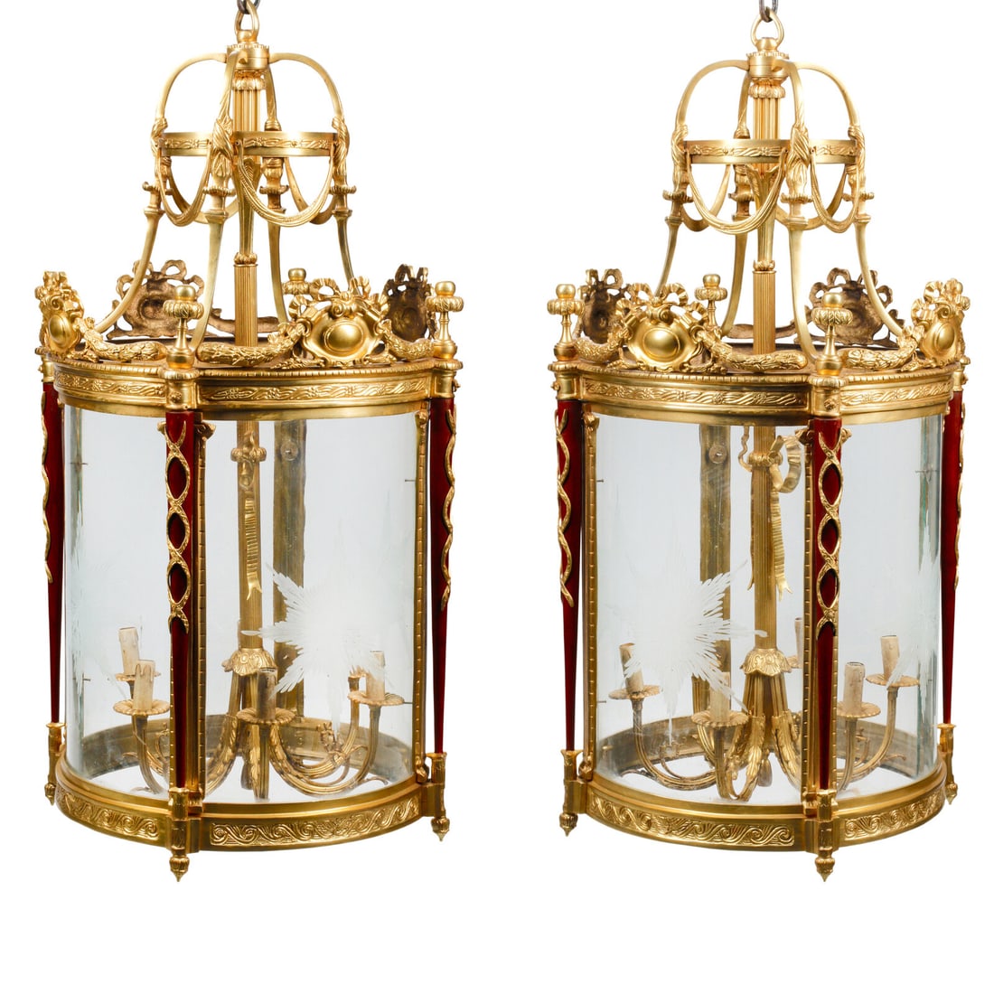 A Pair of Louis XVI Style Gilt Bronze and Mahogany Hall Lanterns: A Pair of Louis XVI Style Gilt Bronze and Mahogany Hall Lanterns 20th Century Height 46 x diameter 24 inches. This lot is located in Chicago.