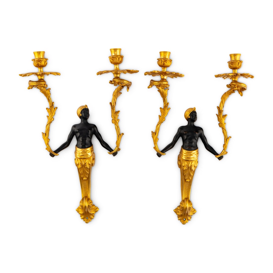 A Pair of French Gilt and Patinated Bronze Figural Two-Light Sconces (1 of 3)