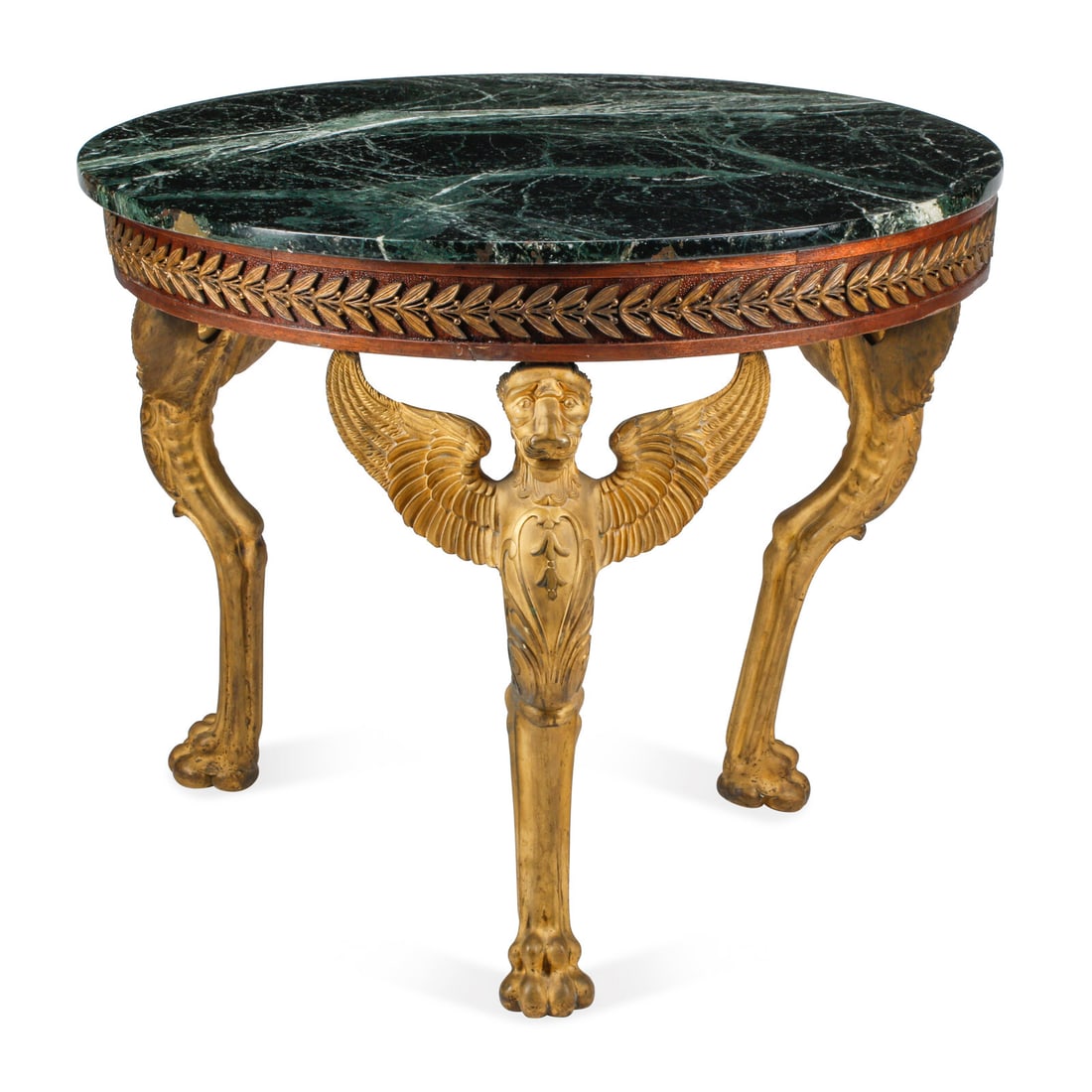 An Empire Gilt Bronze and Mahogany Marble-Top GuÈridon: An Empire Gilt Bronze and Mahogany Marble-Top GuÈridon 19th Century Height 28 x diameter of top 34 inches. This lot is located in Chicago.