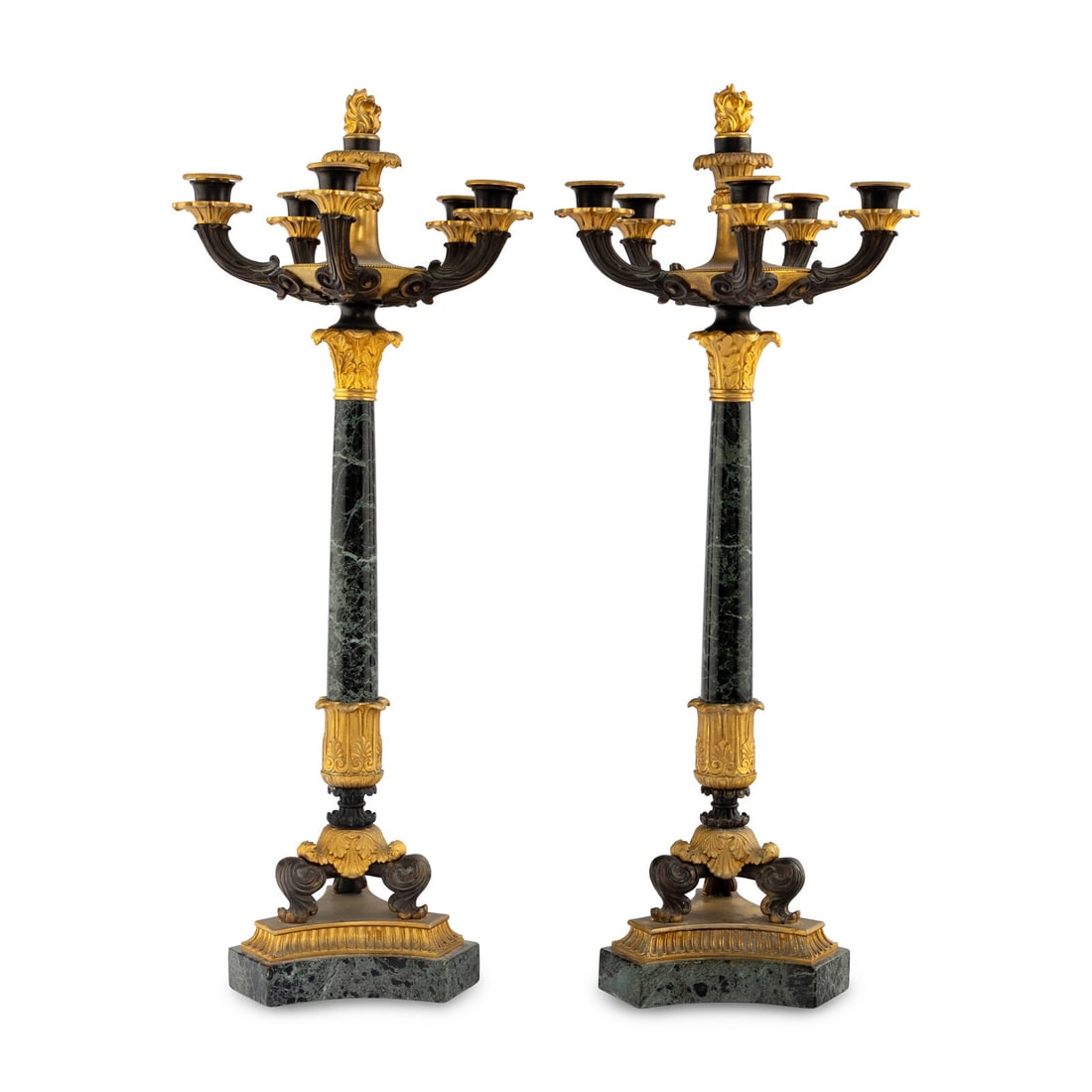 A Pair of Charles X Gilt and Patinated Bronze Mounted Marble Seven-Light Candelabra: A Pair of Charles X Gilt and Patinated Bronze Mounted Marble Seven-Light Candelabra Second Half 19th Century Height 26 1/2 x diameter 10 1/2 inches. Property of a California Collector This lot is loca