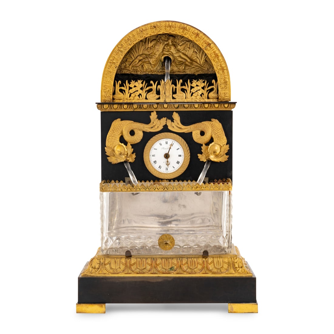 A French Patinated and Gilt Bronze and Cut Glass "Fountain" Mantel Clock: A French Patinated and Gilt Bronze and Cut Glass "Fountain" Mantel Clock Dial signed Planchon, Paris, Second Half 19th Century the movement stamped 'Planchon a Paris', numbered '1543' and further mark