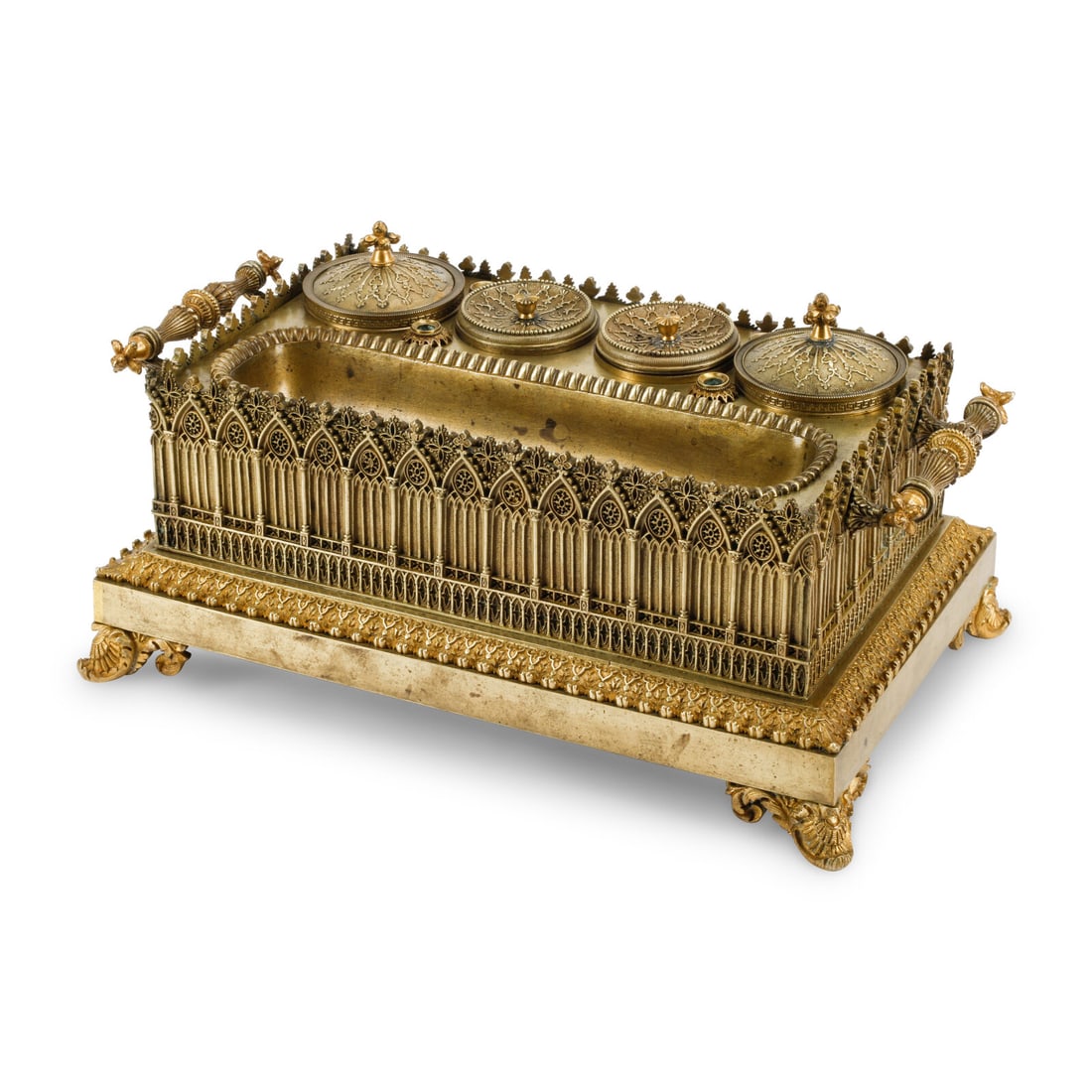 A Louis Philippe Gilt Bronze Inkwell: A Louis Philippe Gilt Bronze Inkwell Circa 1840 Height 6 1/2 x width 13 1/2 x depth 8 1/2 inches. This lot is located in Chicago.