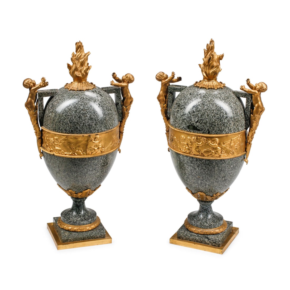 A Pair of Large French Gilt Bronze Mounted Marble Urns: A Pair of Large French Gilt Bronze Mounted Marble Urns 19th Century Height 32 x width 17 x depth 11 inches. This lot is located in Chicago.