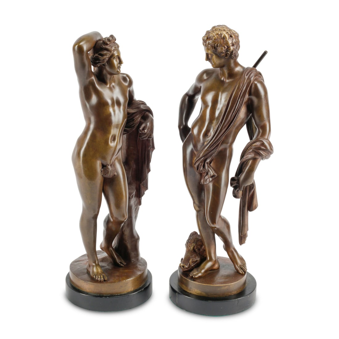 A Pair of French Bronze Figures of Apollo and Venus: A Pair of French Bronze Figures of Apollo and Venus 20th Century Height 16 inches. This lot is located in Chicago.