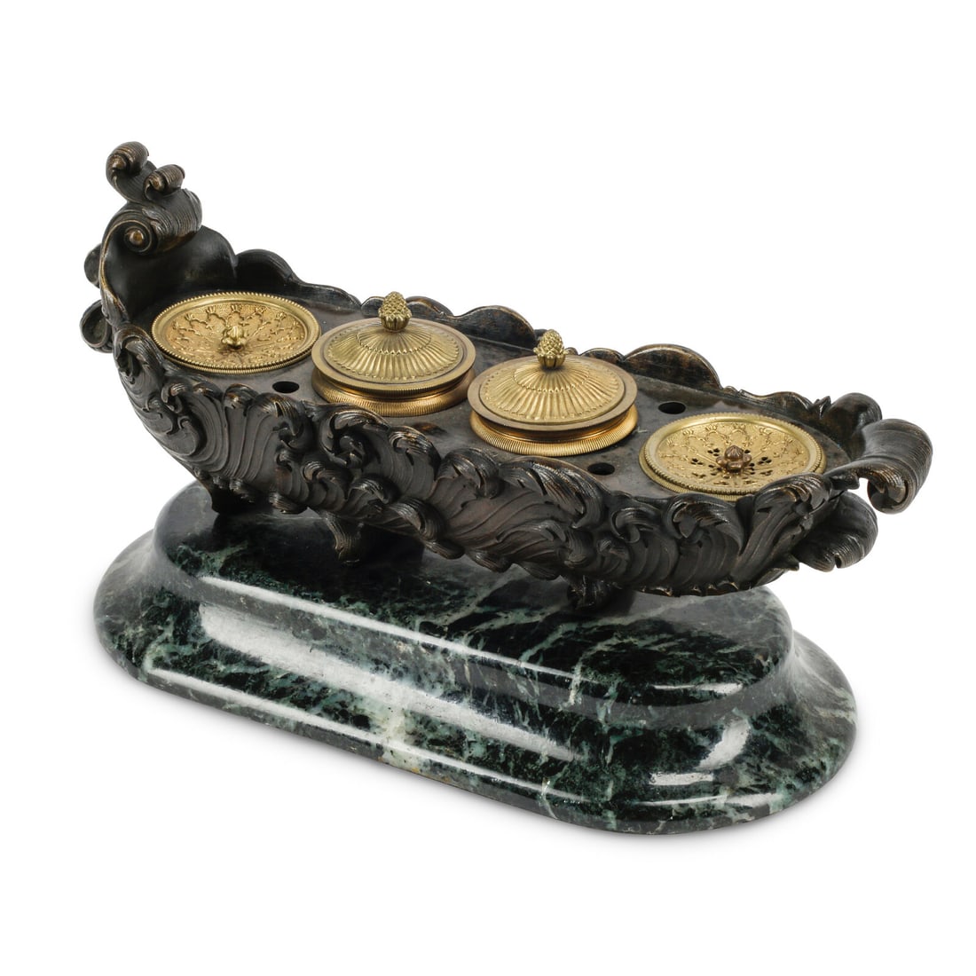 A French Gilt and Patinated Bronze Inkwell: A French Gilt and Patinated Bronze Inkwell 19th Century on a marble base. Height 7 x width 13 x depth 6 inches. This lot is located in Chicago.