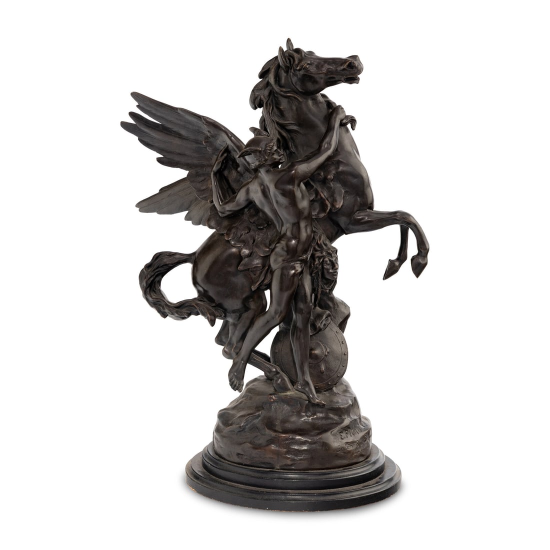 After …mile Picault (French, 1833-1915): After …mile Picault (French, 1833-1915) Perseus and Pegasus cast and patinated bronze raised on a wood base signed 'E. PICAULT, Salon des Beaux Arts 1888' and further stamped 'Collection