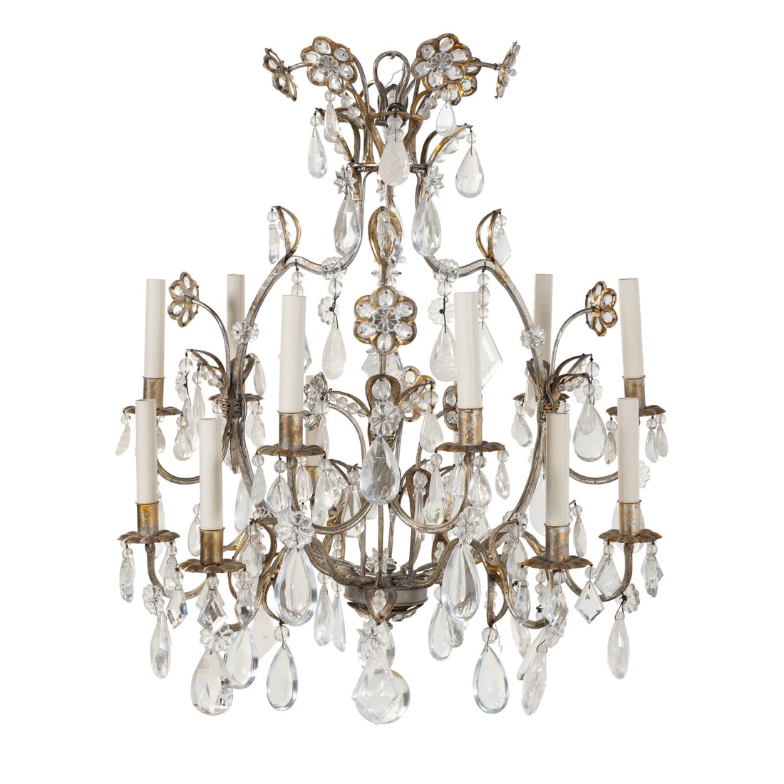 A Silvered and Gilt Metal, Cut Glass and Rock Crystal Twelve-Light Chandelier (1 of 2)