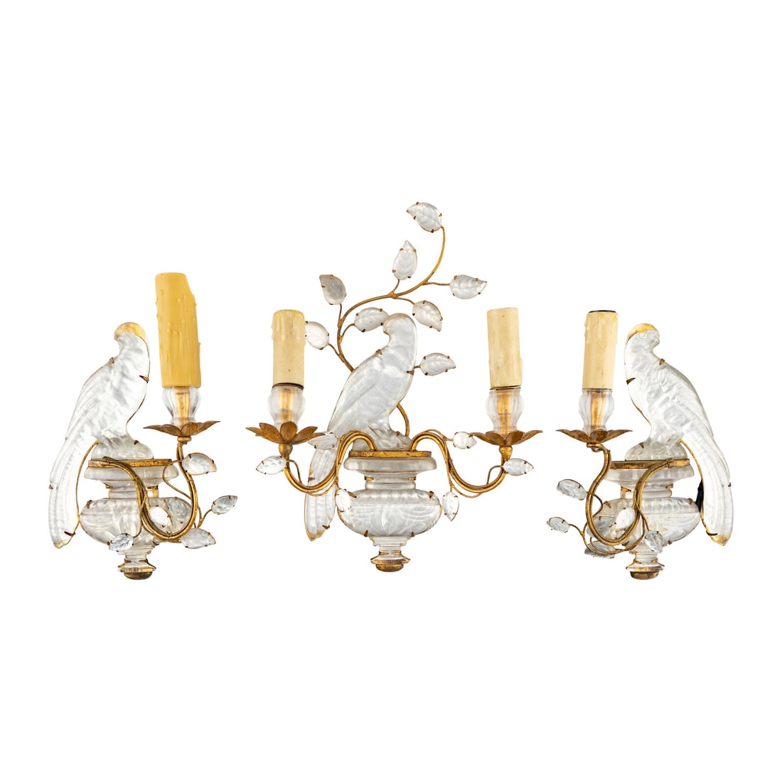 A Gilt Metal and Rock Crystal Wall Light Garniture: A Gilt Metal and Rock Crystal Wall Light Garniture Maison BaguËs, Mid-20th Century comprising two single-light examples with BaguËs/Paris labels to reverse, and an unmarked two-light
