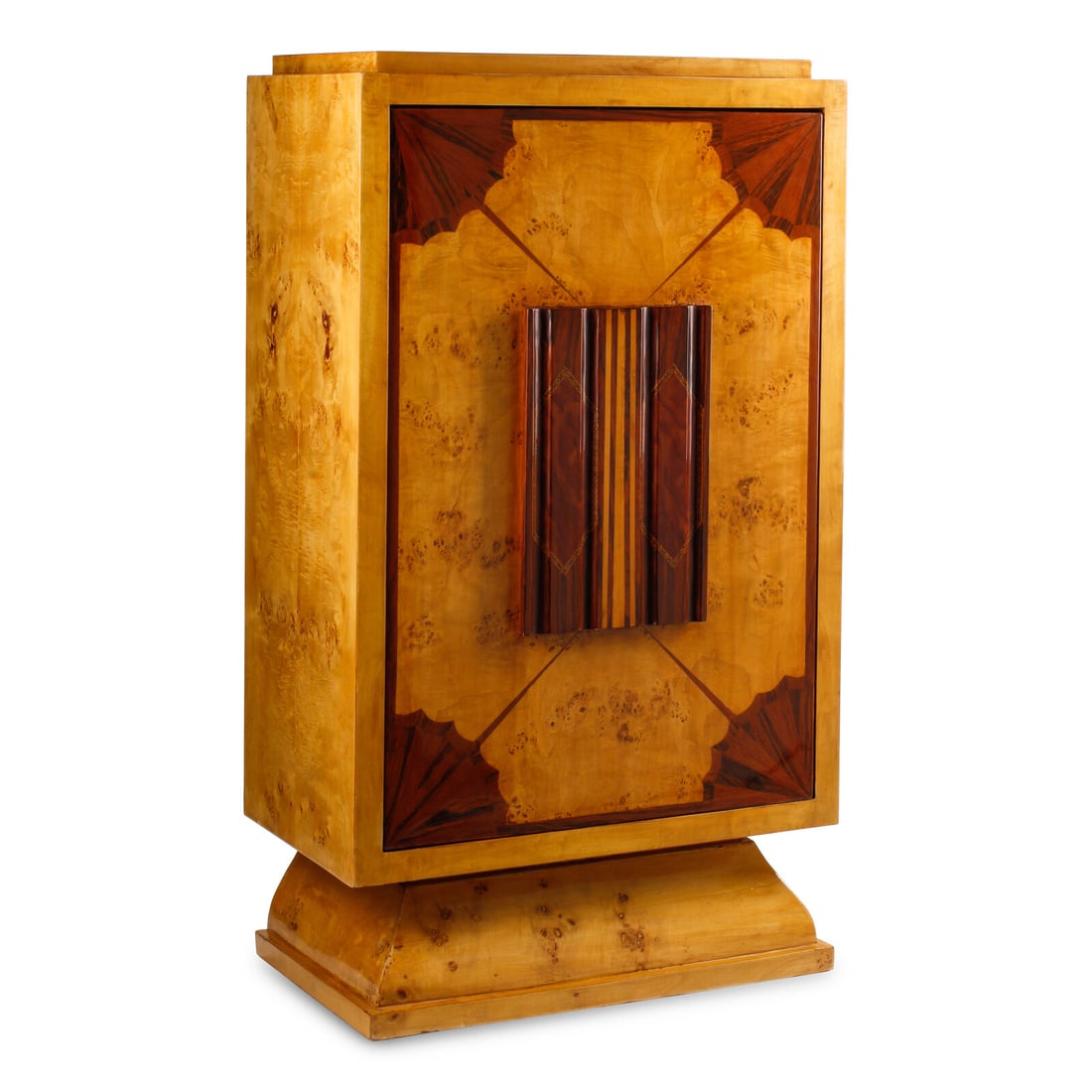 An Art Deco Style Burlwood Revolving Bar Cabinet: An Art Deco Style Burlwood Revolving Bar Cabinet Late 20th Century Height 61 1/2 x width 35 x depth 20 inches. This lot is located in Chicago.