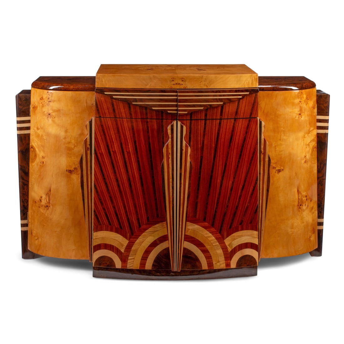 An Art Deco Style Burlwood Cabinet: An Art Deco Style Burlwood Cabinet Late 20th Century Height 37 x width 63 x depth 21 1/2 inches. This lot is located in Chicago.