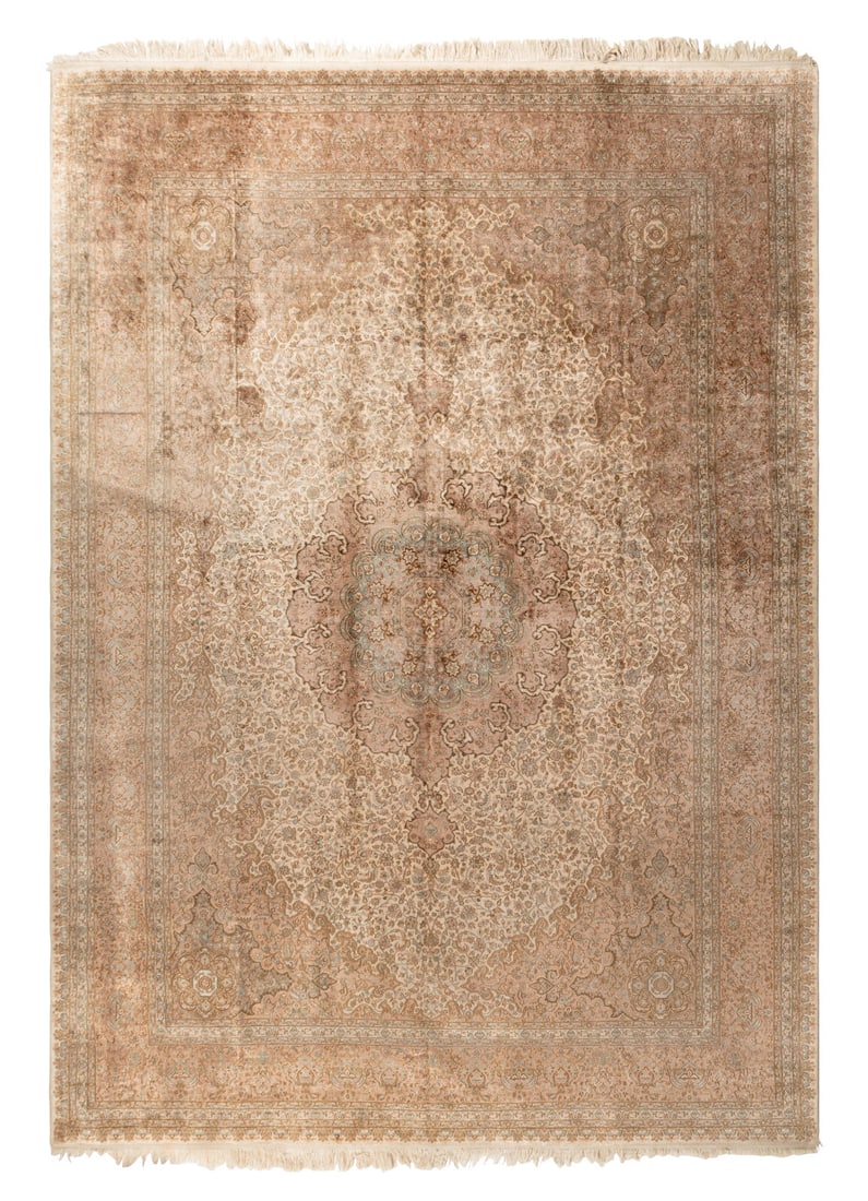 A Kirman Silk Carpet: A Kirman Silk Carpet 20th Century 12 feet 2 inches x 8 feet 10 inches. Property from a Private Collection This lot is located in Chicago.