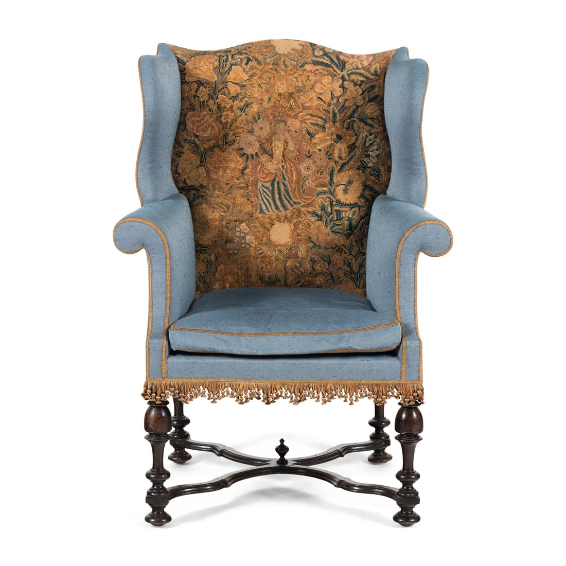 A William and Mary Tapestry-Upholstered Wingback Chair: A William and Mary Tapestry-Upholstered Wingback Chair 18th Century Height 47 x width 28 x depth 25 inches. Property from the Wetherill Family Collection, Main Line, Philadelphia and Ch‚teau de