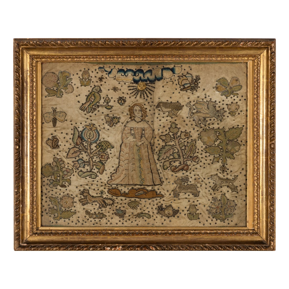 A Charles II Stumpwork Panel: A Charles II Stumpwork Panel Circa 1670 Height of panel 13 1/4 x width 16 1/4 inches. This lot is located in Chicago. Provenance W. Russell Button Inc., Douglas, MI