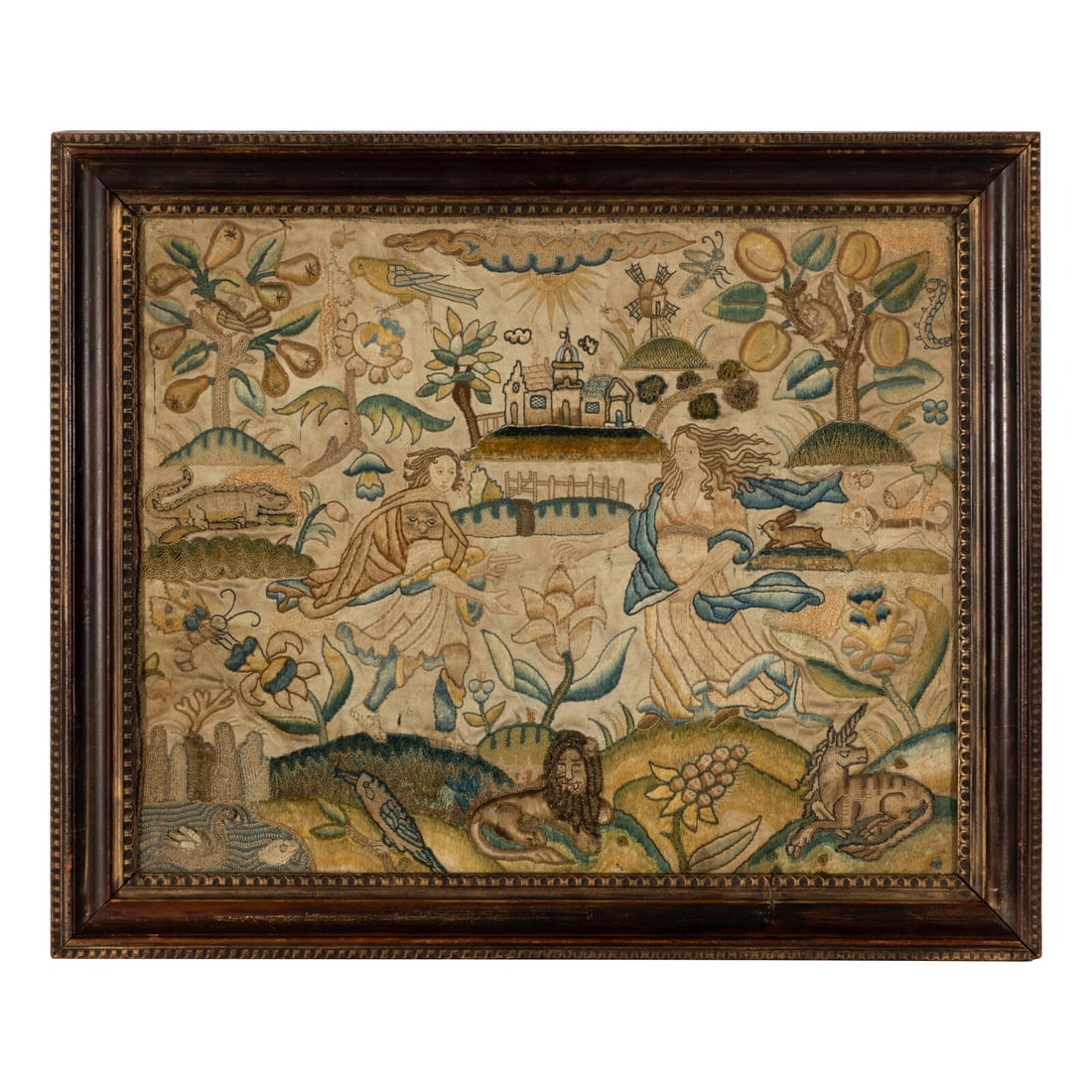 An English Stumpwork Panel: An English Stumpwork Panel 17th Century 13 x 16 1/4 inches (sight). This lot is located in Chicago. Provenance Arthur Ackermann & Son, Inc., Chicago, IL W. Russell Button, Inc., Douglas, MI