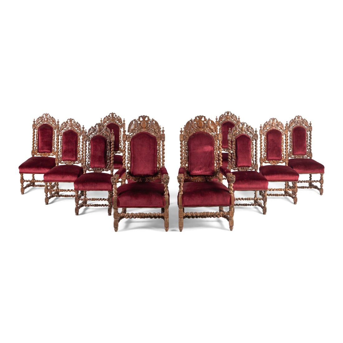 A Set of Twelve Charles II Style Carved Oak Dining Chairs (1 of 4)