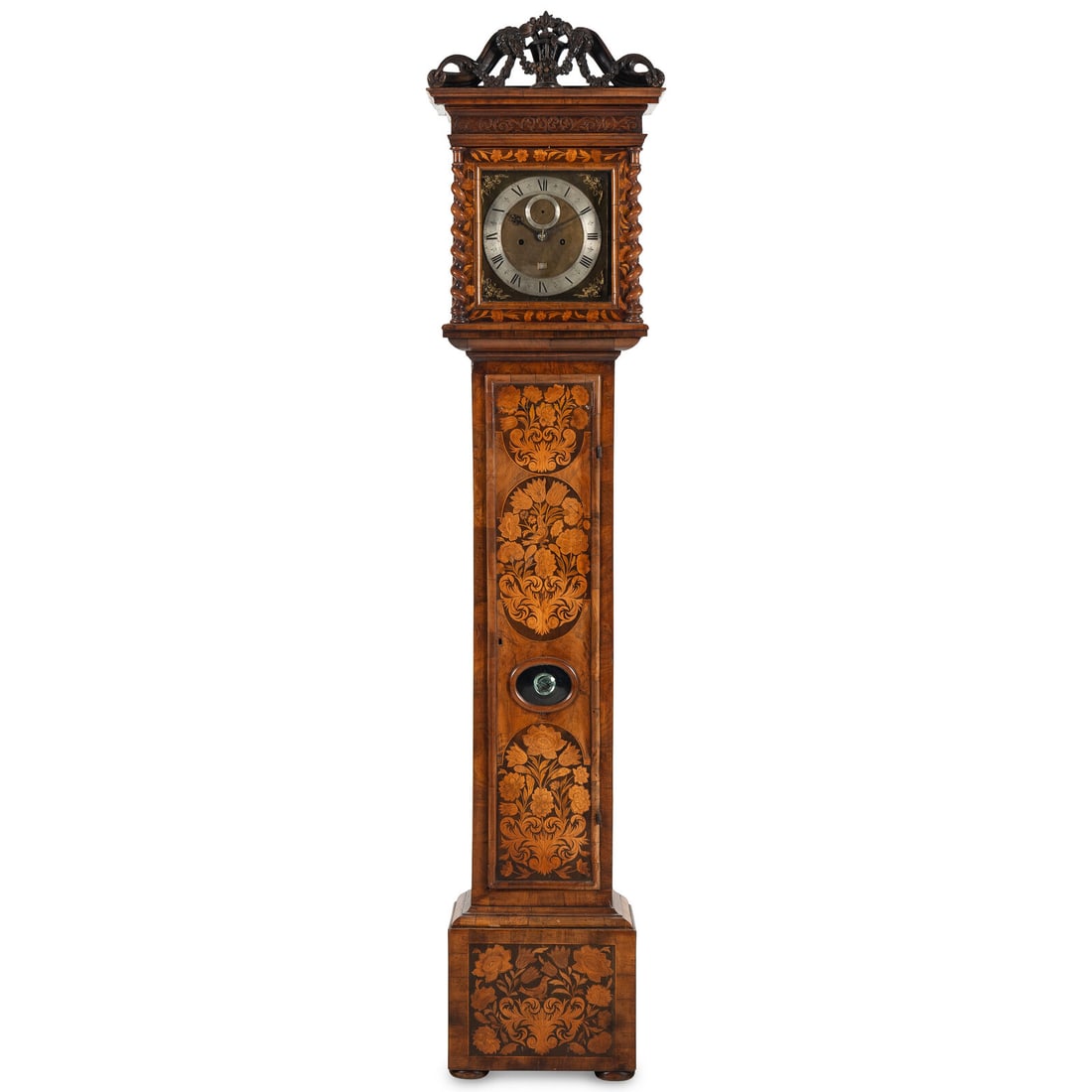 A William and Mary Walnut and Marquetry Tall Case Clock: A William and Mary Walnut and Marquetry Tall Case Clock John Wise, London, Late 17th Century Height 84 1/2 x width 18 1/4 x depth 9 1/2 inches. Property from the Estate of Audrey and Philip Rietveld,