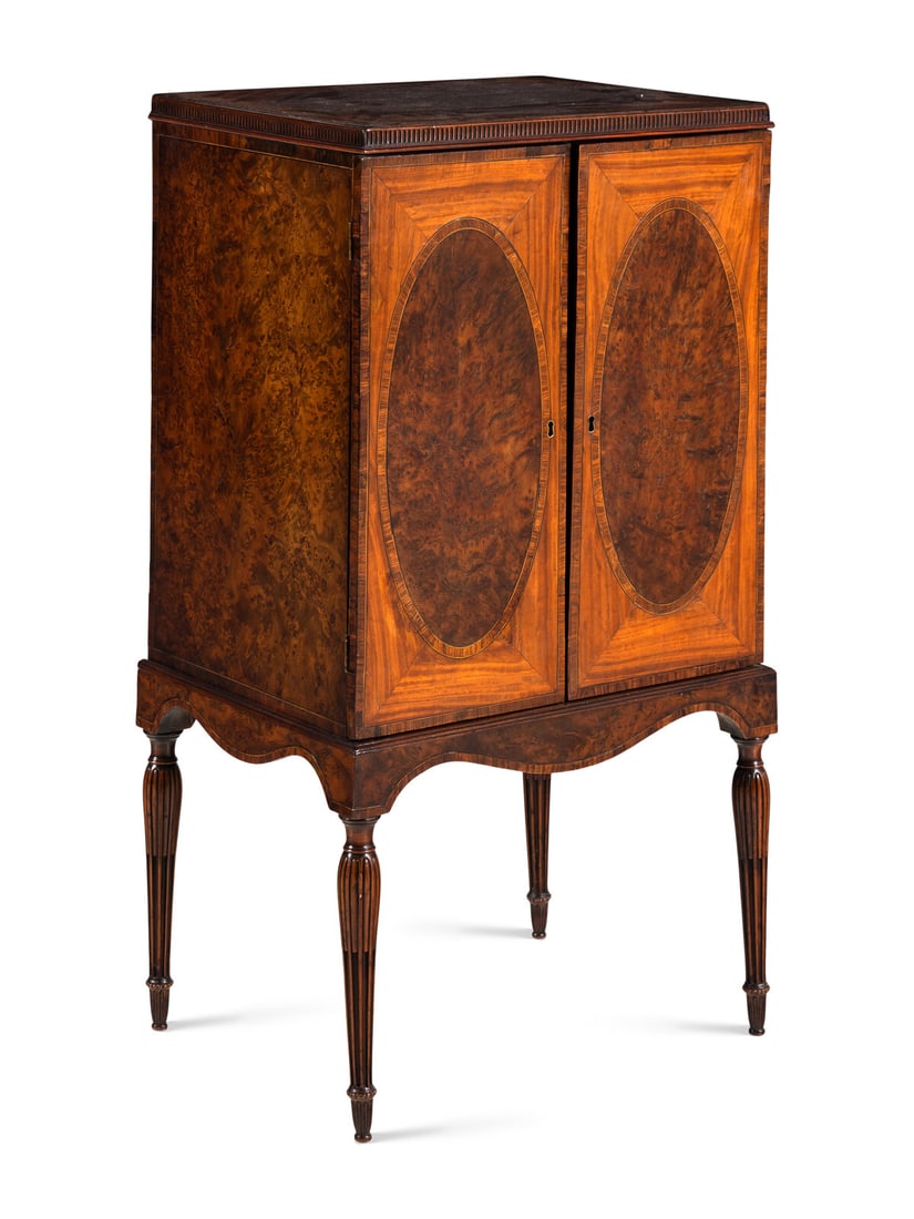 A George III Yew and Satinwood Collector's Cabinet on Stand: A George III Yew and Satinwood Collector's Cabinet on Stand Late 18th Century Height 40 x width 21 x depth 16 inches. Property from the Charlecote Antique Store, Kansas City, Missouri This lot is loca