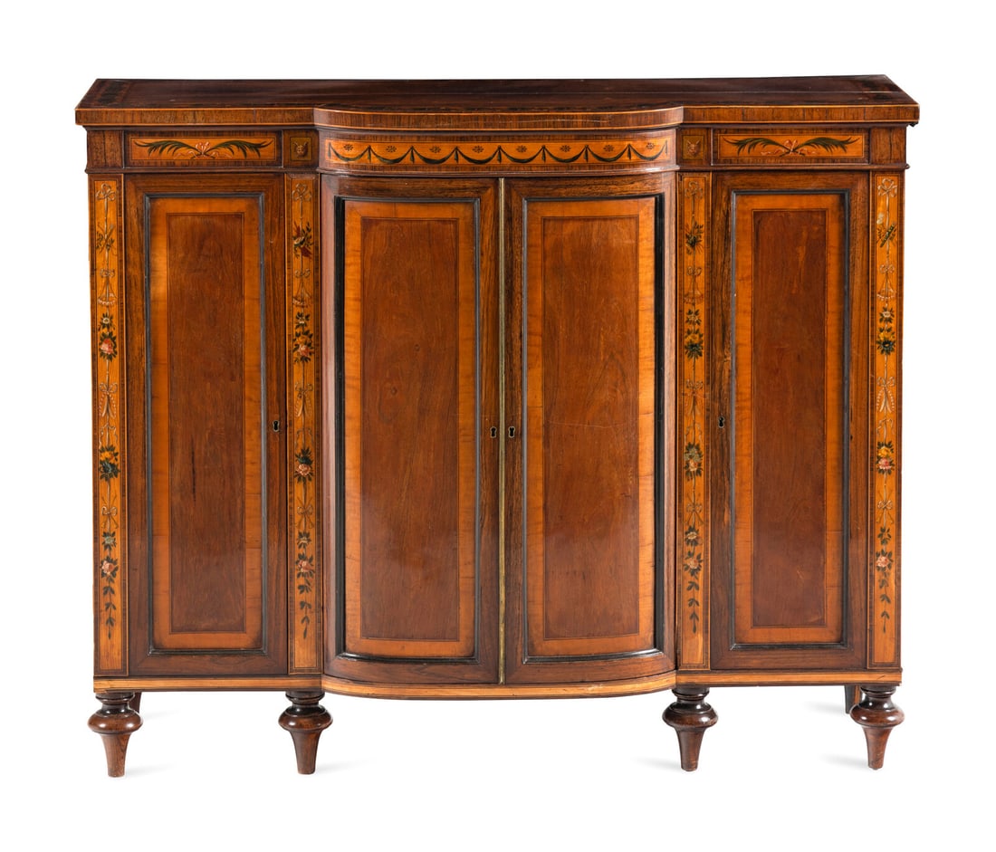 A George III Rosewood and Polychrome Decorated Side Cabinet: A George III Rosewood and Polychrome Decorated Side Cabinet Circa 1800 Height 34 1/2 x width 43 x depth 14 inches. Property from the Charlecote Antique Store, Kansas City, Missouri This lot is located