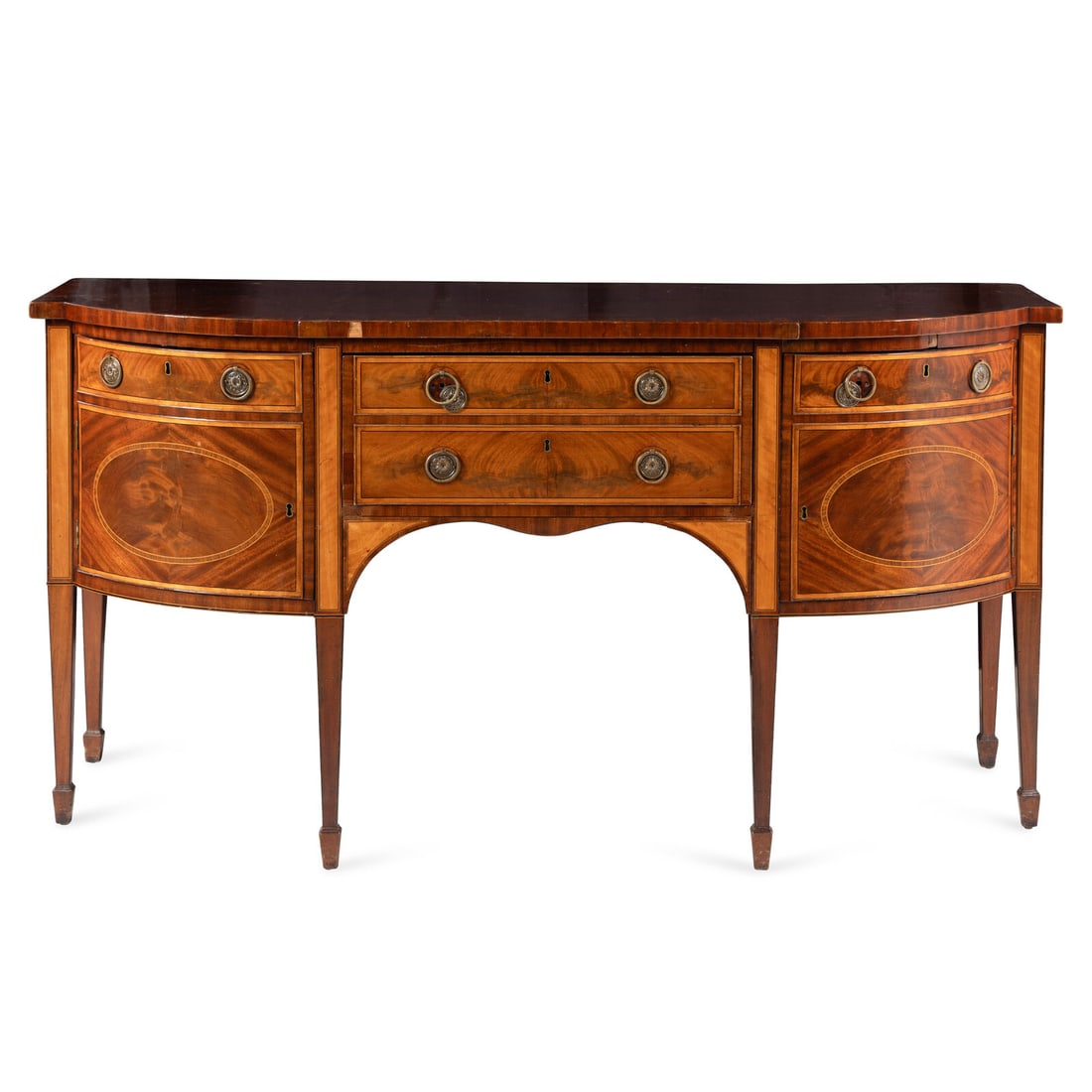 A Late George III Mahogany and Satinwood Sideboard: A Late George III Mahogany and Satinwood Sideboard 19th Century Height 37 3/4 x width 72 1/2 x depth 30 inches. This lot is located in Chicago.