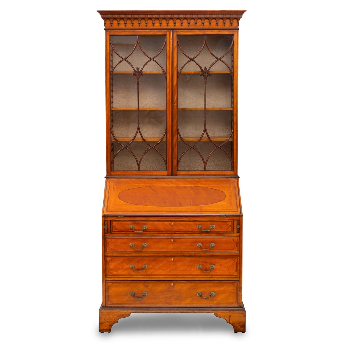 A George III Style Satinwood Bureau Bookcase: A George III Style Satinwood Bureau Bookcase Late 19th Century Height 83 3/4 x width 39 1/2 x depth 19 1/4 inches. This lot is located in Chicago.